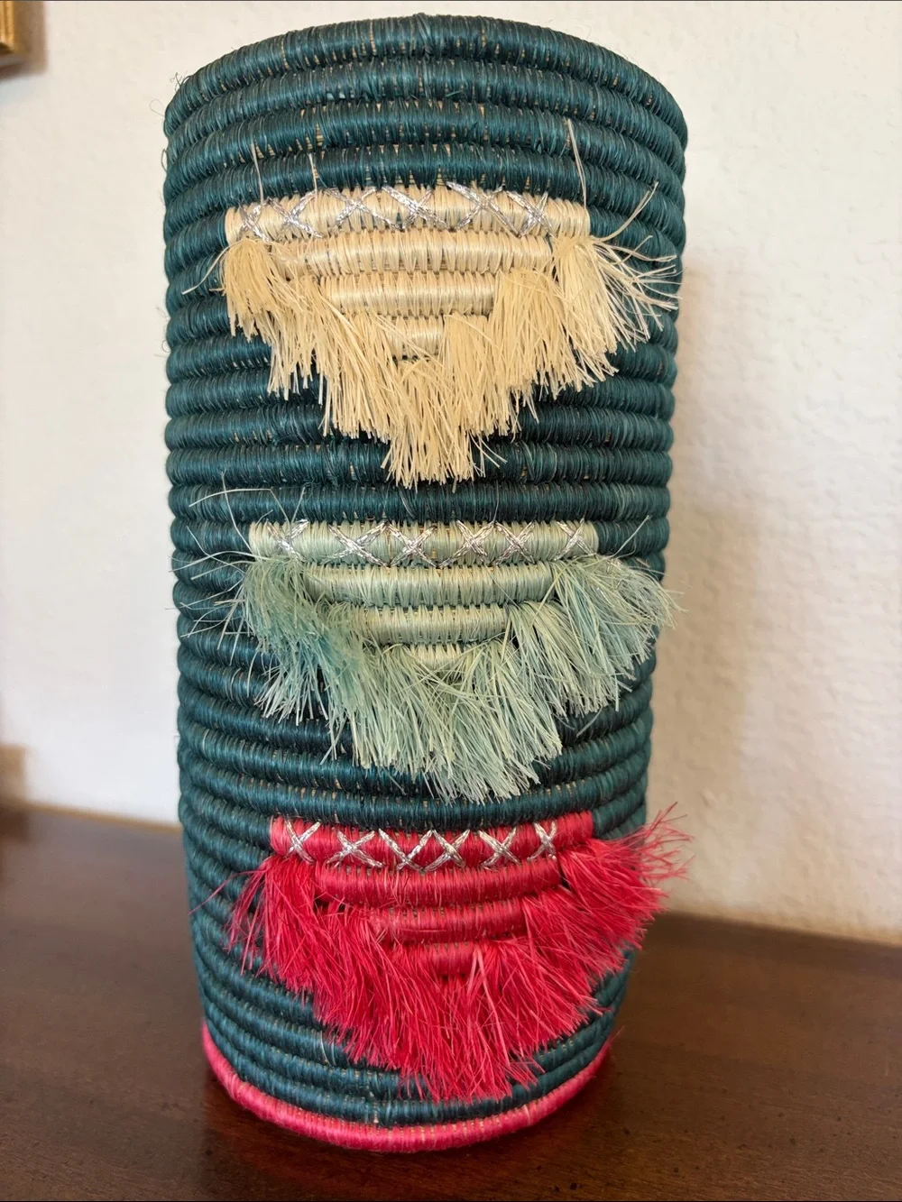 African Made Colorful Raffia Straw Boho Vase Wine Bottle Holder Tassels